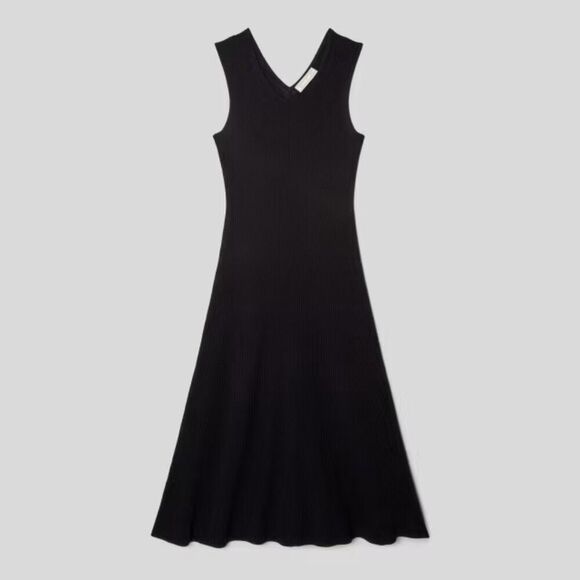 Everlane The Ribbed Viscose Scoop Neck Fitted Stretch Midi Dress Black S - Picture 3 of 11